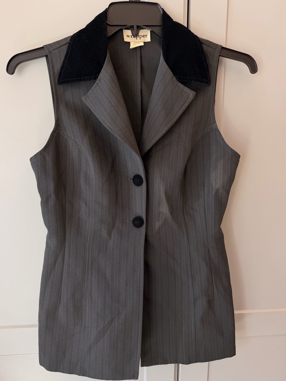 Vintage 90s Wrapper Gray Pinstripe Velvet Collar Longline Vest Size 7/8